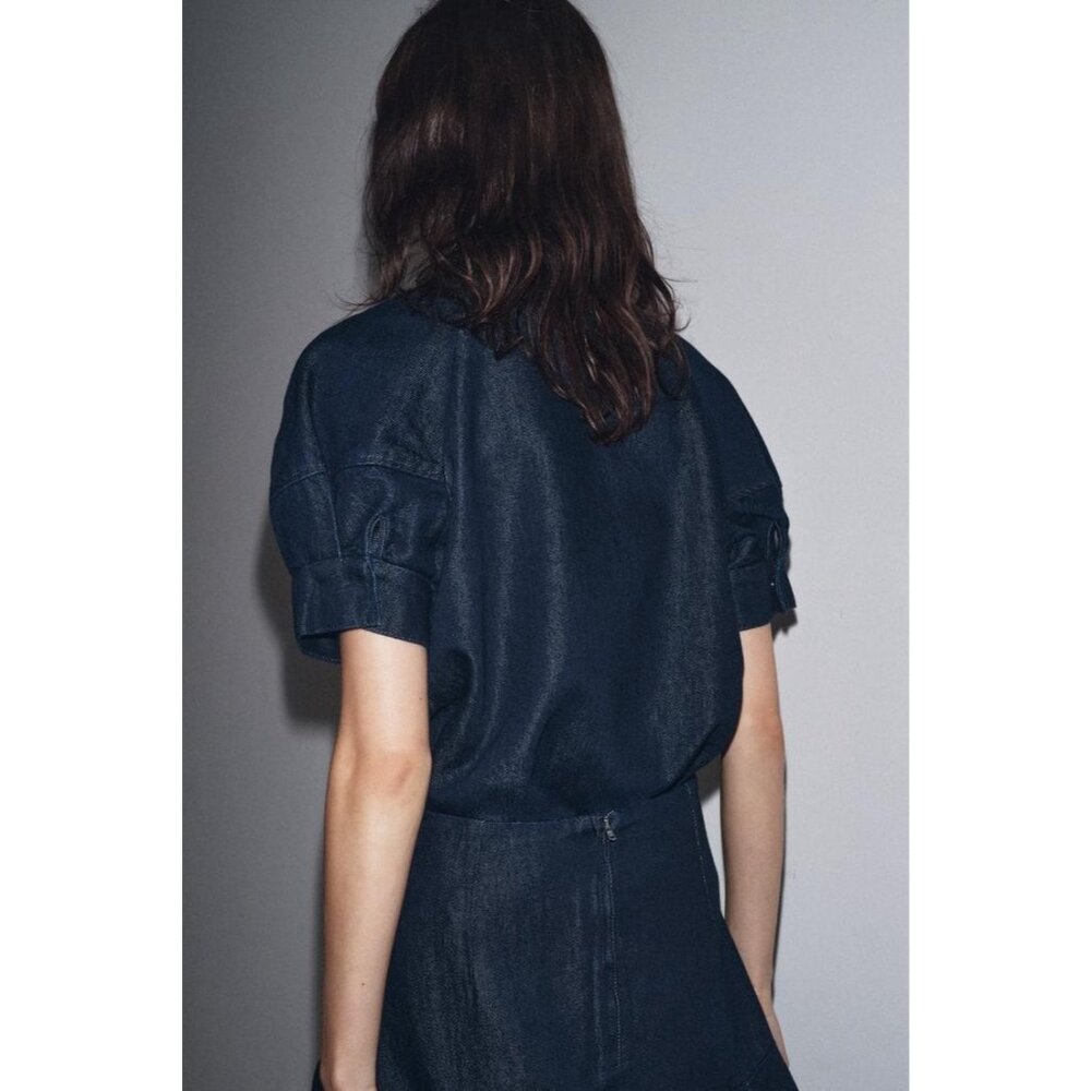 Zara Dark Denim Short Sleeve Tie-Neck Blouse - Picture 4 of 16